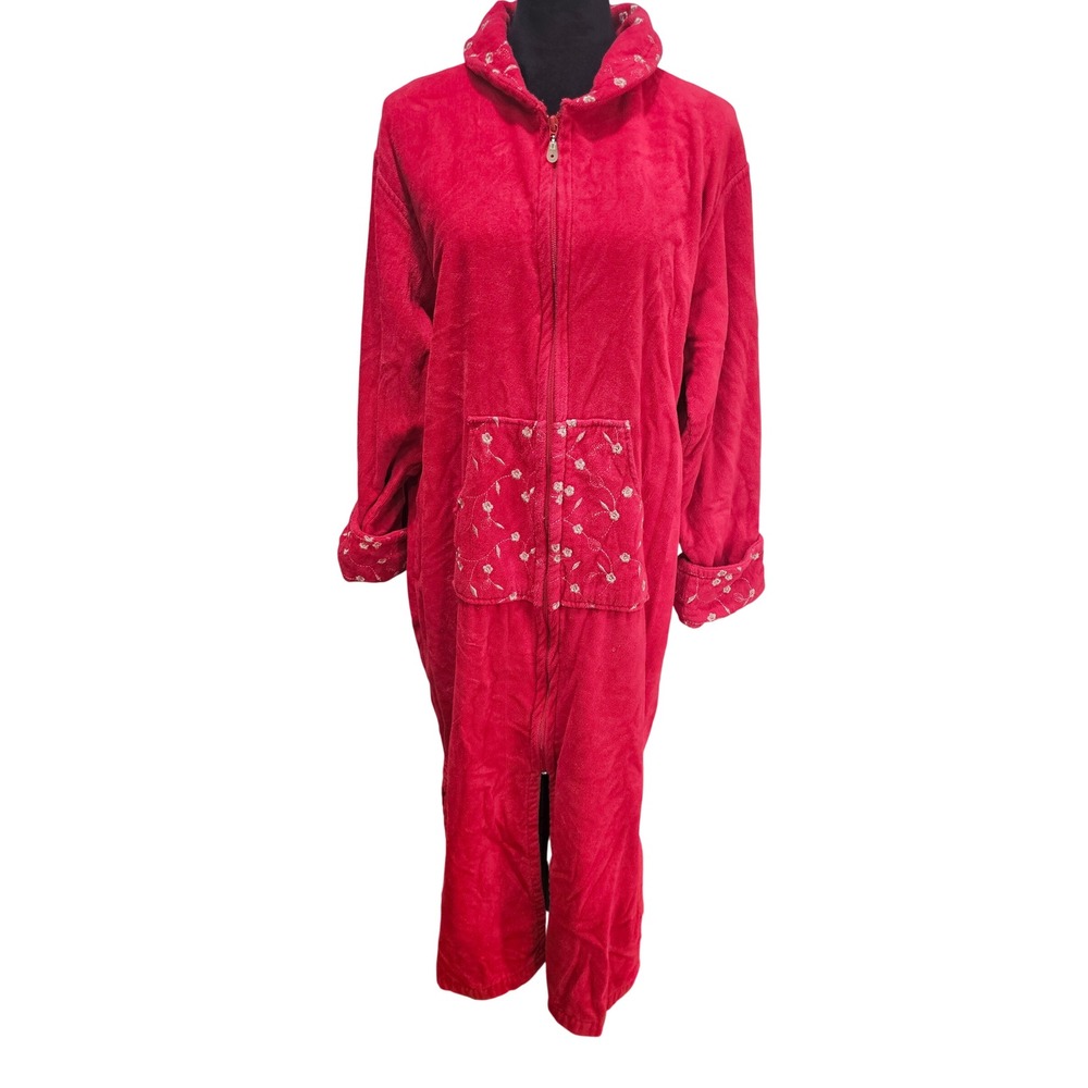 TJ Lawford Robe Long Nightgown Large Red Zip Front Velour Floral Embroidered